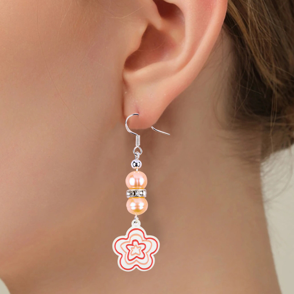 8mm Beads Pink Freshwater Pearls Dangle Hook Earrings Flower Charm