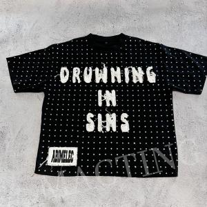 China Custom Streetwear Rhinestone Cropped T Shirt Distressed Embroidery Patched For Men factory