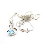 925 Silver Bead Chain Oval 6x8mm Blue Cubic Zircon Pendant Necklace(P34)