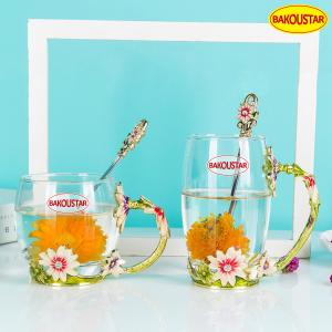 China 330ml 350ml Decorated Enamel Glass Cup BPA Free With Spoon factory