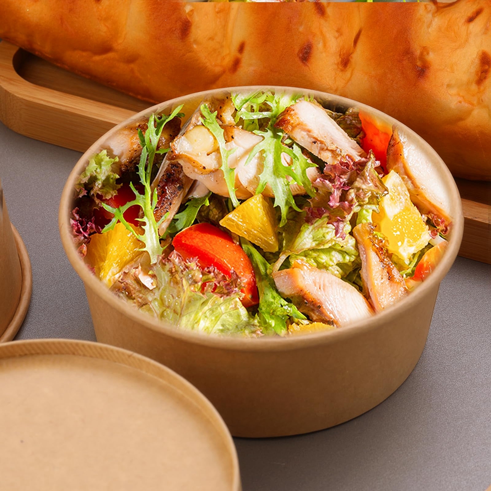 Custom Disposable Food Salad Packing Containers Takeaway Kraft Paper Bowls with Matt Lamination
