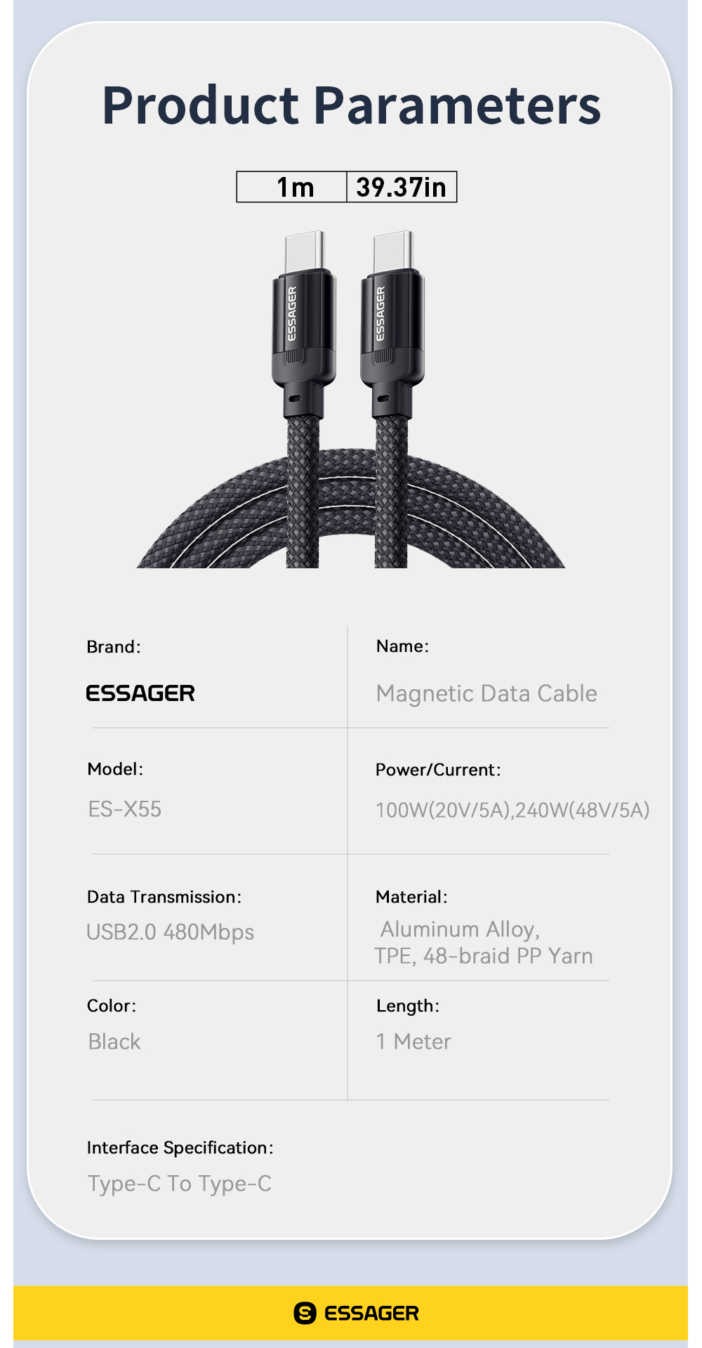 ES-X55 Series Magnetic Absorption Quick Charge Cable USB C To Type C Cable 100W 240W 1m