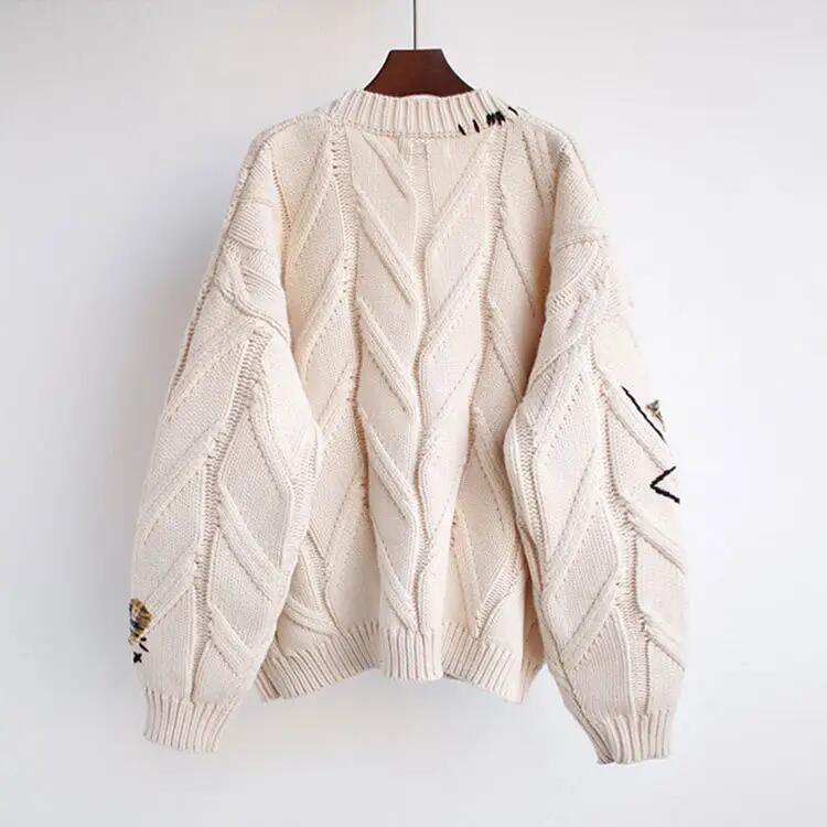 Designer Women Chunky Sweater Cardigan Autumn Winter Drop Shoulder Button Front Embroidery Loose Knit Cardigan Sweater Coat