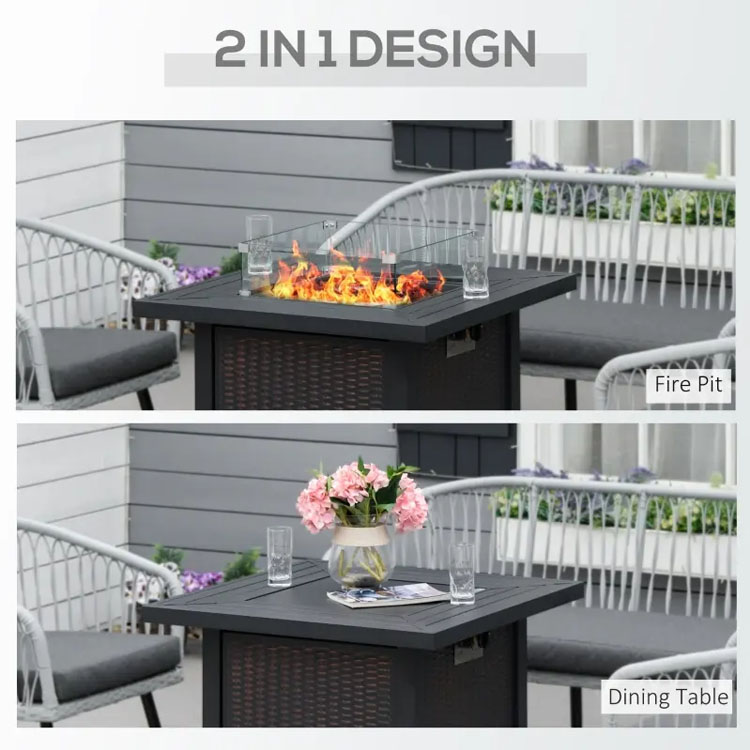 Outdoor Patio Garden Camping Fire Pit Table with Auto Ignition and Glass Wind Guard