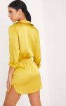 Women Long Sleeve Dark Lime Twist Front Silky Shirt Dress With Deep V Neck