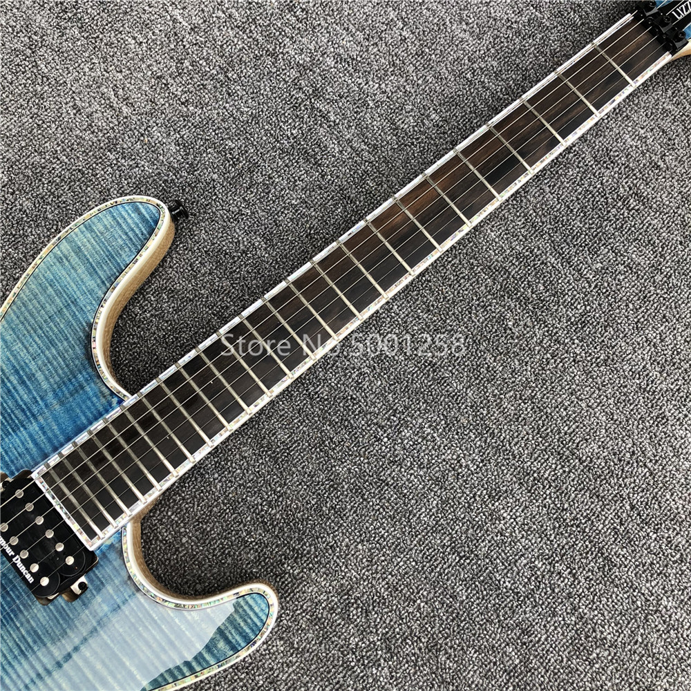 Light blue Quilted Flame Maple Mayones Electric Guitar,2019 New S logo Neck through body 6 Strings Guitar