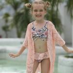 Split Girls Swimming Suits Pink Printed Children'S Swimsuit Lace Shawl Three