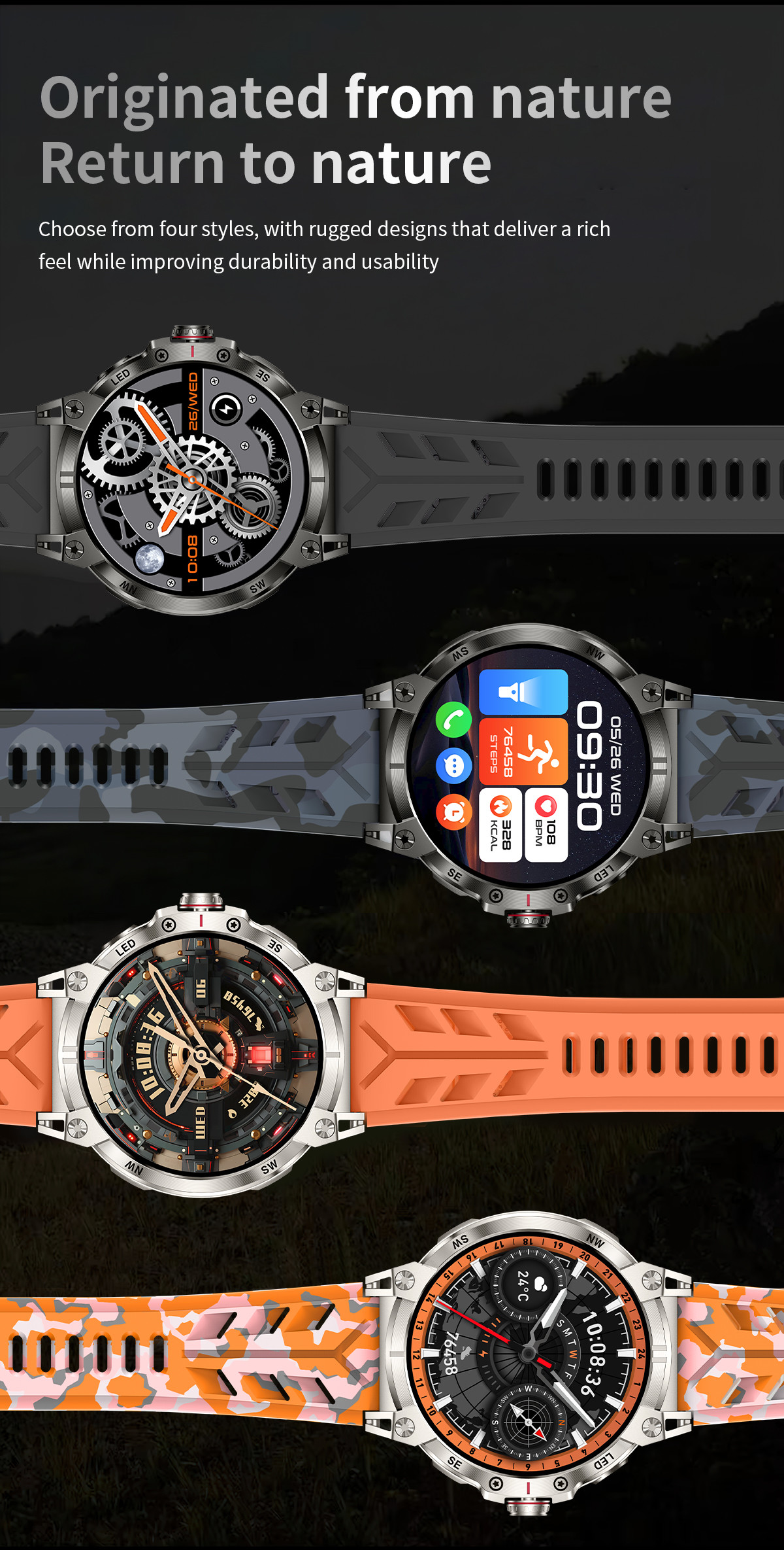 1.85" Rugged Smart Watch Touch Screen Bluetooth Calling Flashlight Compass