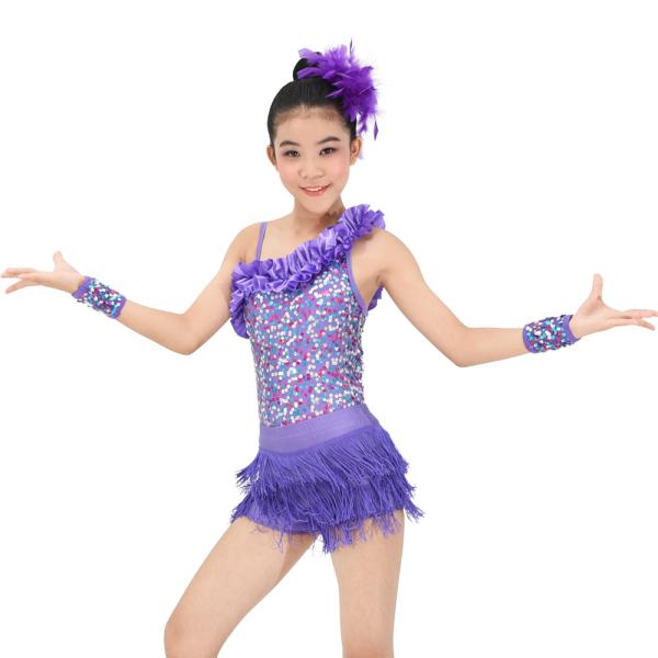 Two Pieces One Shoulder Latin Dance Costumes Holograms Sequins Competition