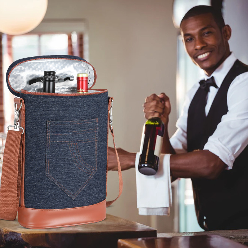 Denim Insulated Wine Cooler Bags Cheese Tote 2 Bottle Picnic 8.5x3.8x14"