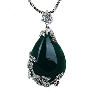 China Vintage Jewelry 925 Silver Marcasite Drop Green Agate Pendant Necklace 18 Inches(LN001GREEN) factory