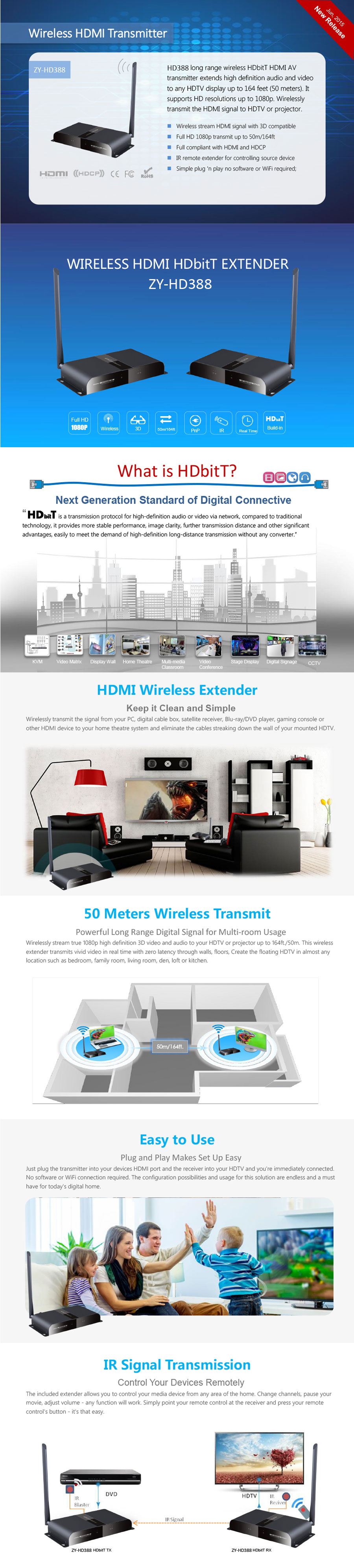 Wireless HDMI HDbitT Transmitter & Reciver Kit 50m ZY-HD388