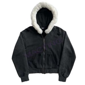 China Solid Acid Wash Sun Faded Distressed Custom Full Zip Up Hoodies Coat with Fur Collar factory