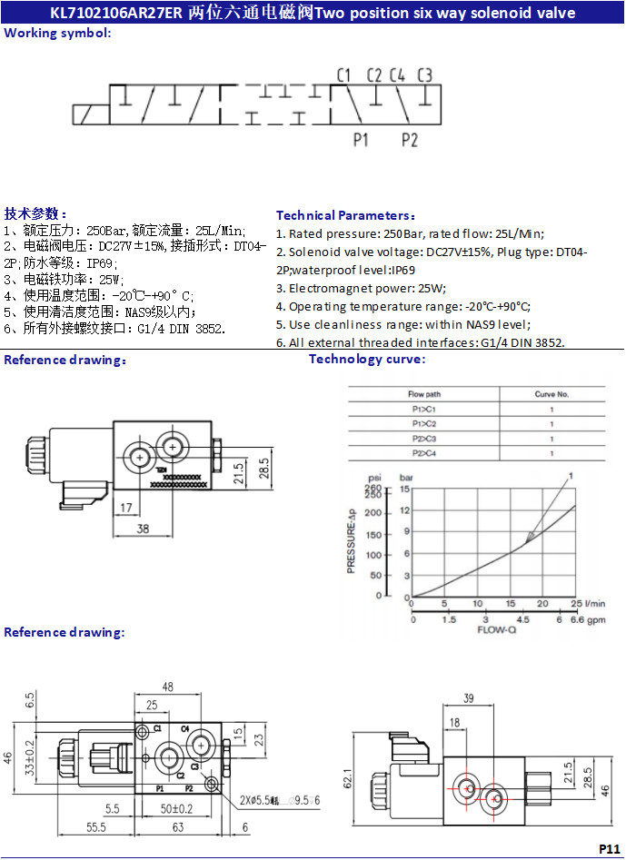 6 Way 2 Position Hydraulic Solenoid Valve With Six Oil Port And DT04-2P Connector Valve Manifolds