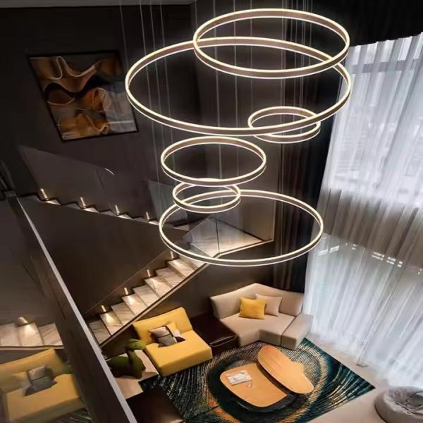 Hotel Villa Stairs High Ceiling Hanging Black Coffee Gold Round Circle Ring Led