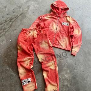 China Vintage Sun Faded Acid Wash Tracksuits Custom Rhinestone Distressed Hoodie And Sweatpants Set factory