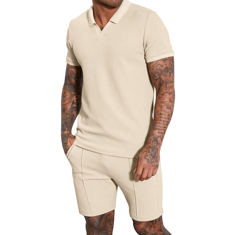 Customized 2024 Summer Tracksuit Set for Men Solid Color Polo T shirt and Waffle Shorts