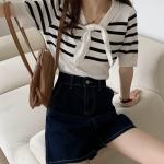 Navy Collar Thin Retro Striped Women Knit Sweater Contrast Color