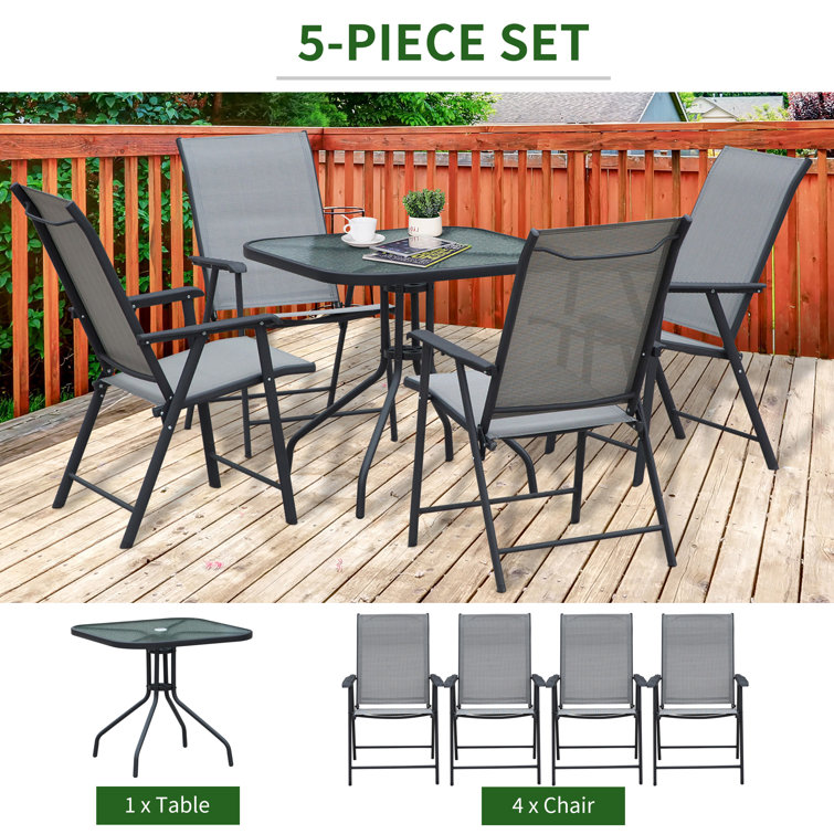 Foldable Armchair Patio Furniture 4 Seater Dining Set with Glass Top and Umbrella Hole