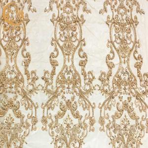 China Polyester Gold Beaded Embroidery Lace Fabric For Home Textile factory