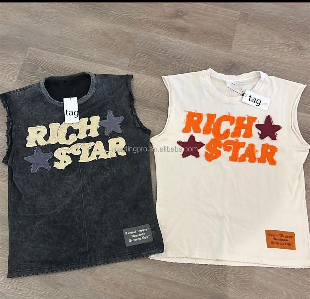 Men's Hip Hop 100% Cotton Acid Washed Sleeveless Tank Top with Custom Logo Embroidery