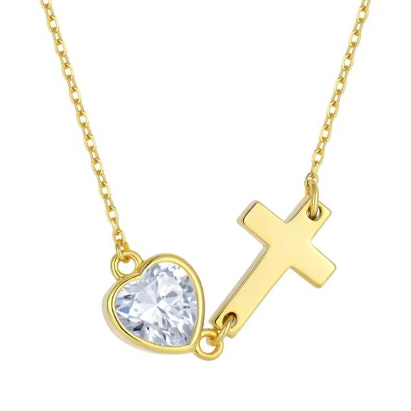 YASVITTI Bezel Heart Cubic Zirconia Necklace 925 Silver Classic Cross Plain
