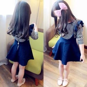 China 2016 Fashion Girl Colorful Kid's Dress long sleeve Blue and White Stripe Dancing DressT023 factory