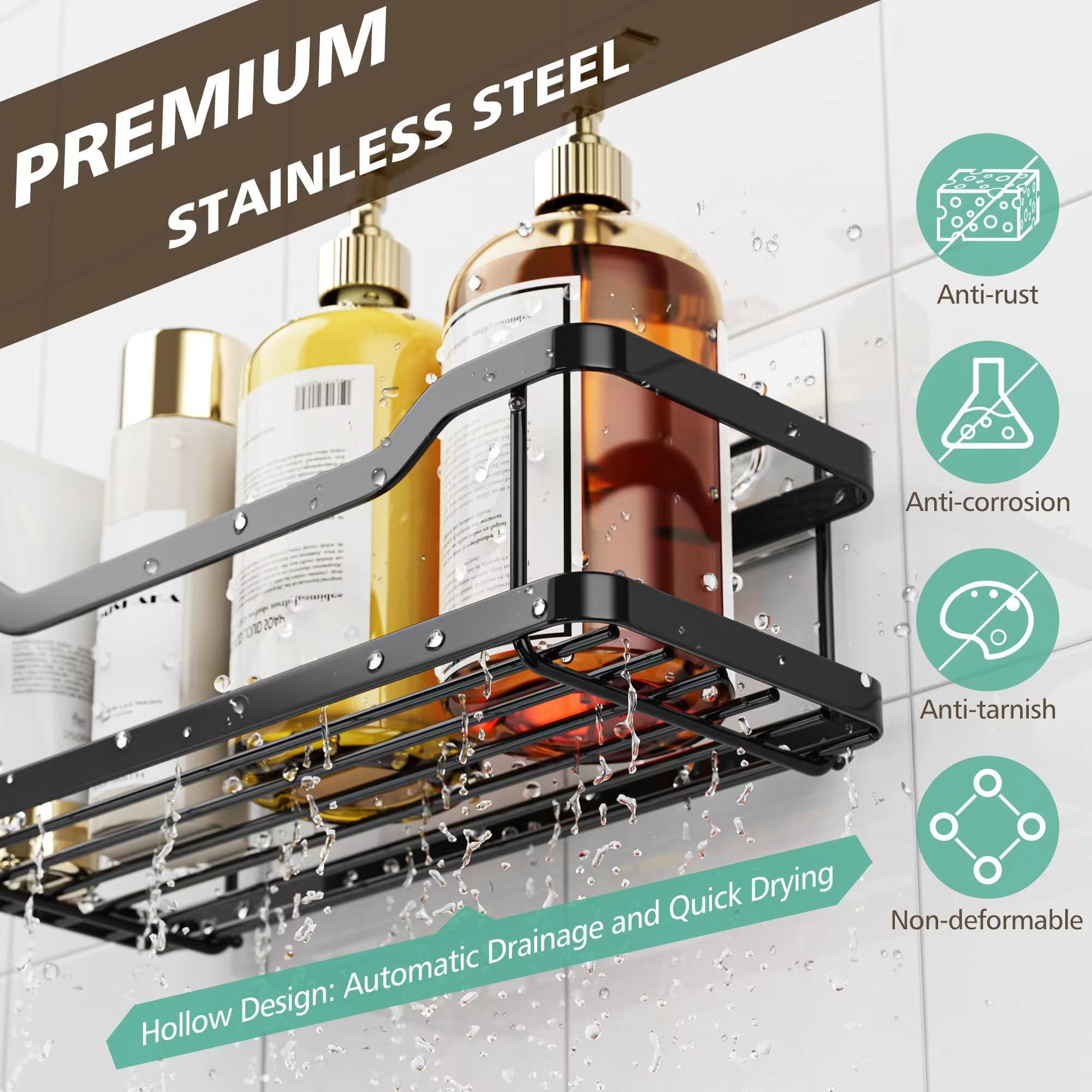 Rustproof No Drilling 3 Pack Stainless Steel Shower Caddy with Soap Holder for Kitchen and Bathroom