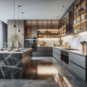 Modern Luxury Kitchen Cabinet Black Stainless Melamine Board Furniture Modular