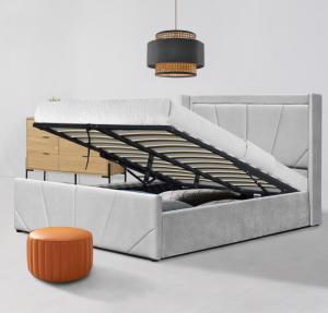 China Light Grey Fabric OEM Platform Storage Bed Frame With Upholstered Winged Headboard factory
