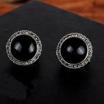 Thai Silver Jewelry 18mm Black Onyx with Marcasite Vintage Earrings (E11066)