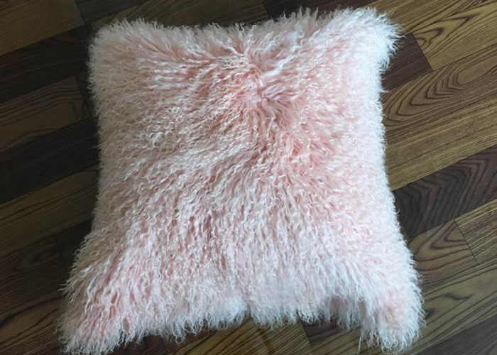Candy Pink Long Mongolian Sheepskin Decorative Throw Pillow With Single Sided Fur