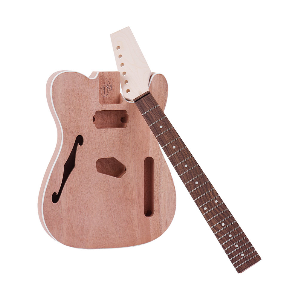 TL Tele Style Unfinished Electric Guitar DIY Kit Mahogany Body with F Soundhole Maple Wood Neck Rosewood Fingerboard