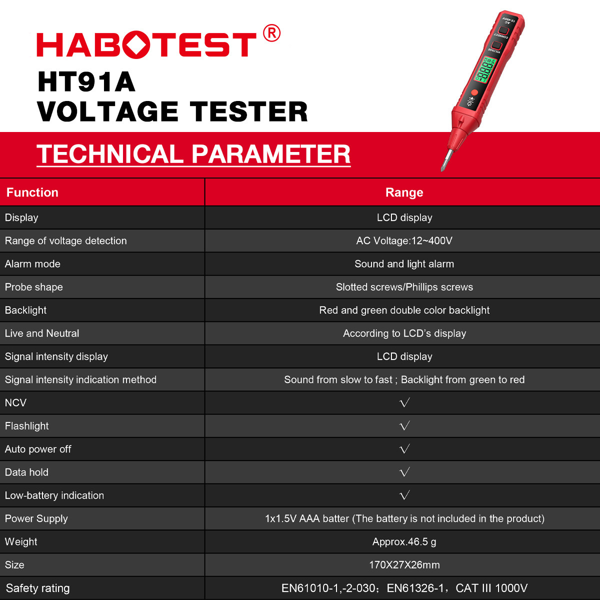 HT91A Non Contact AC Voltage Tester Digital Voltage Detector Electric Test Pen Voltage Tester Pen