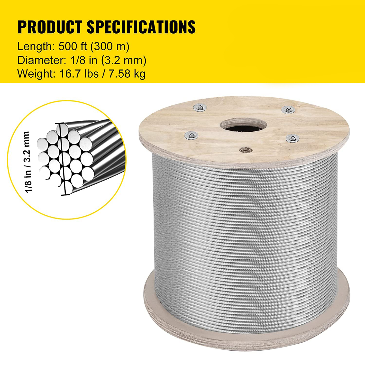 T316 Cable Balustrade 500 Ft Stainless Steel Rope 1/8 Inch Stranded 1x19 Wire Rope Cold Heading Steel 16.7 lbs / 7.58 kg