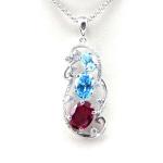 925 Silver Jewelry Oval Mix Blue Red Cubic Zircon Three Stones Pendant Necklace