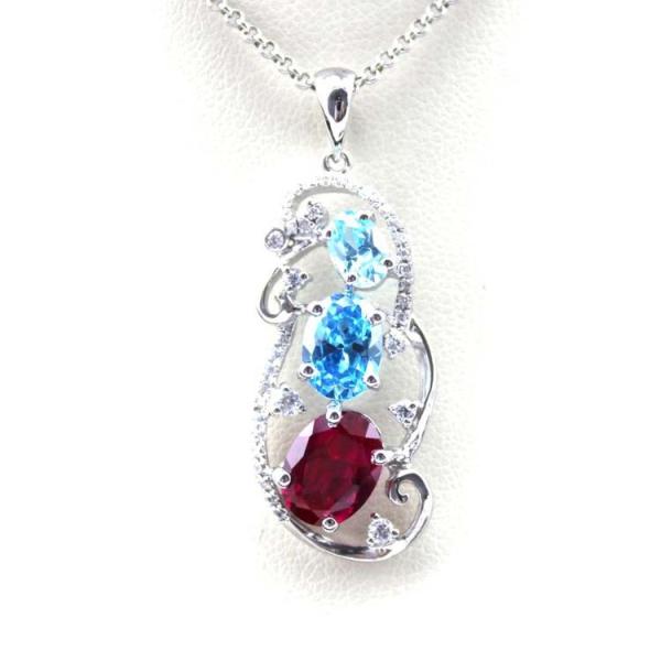 925 Silver Jewelry Oval Mix Blue Red Cubic Zircon Three Stones Pendant Necklace