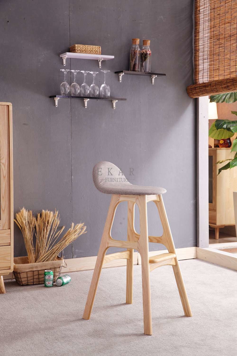 Ash Wood Fabric Modern High Wooden Bar Chair