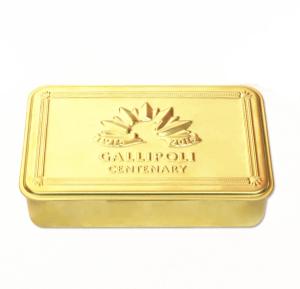 China Promotional food storage tins gold color candy with hinged lid and embossed logo factory
