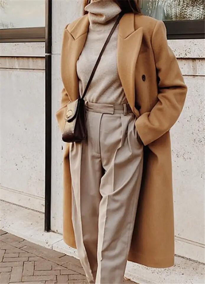 Trendy Winter Ladies Solid Color Long Jackets Casual Plus Size MIDI Cardigans Buttons MIDI Suit Fashion Wool Coats for Womens