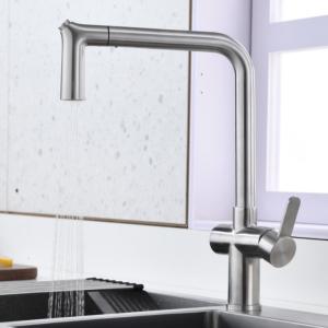 China Water Efficient Kitchen Water Faucets Solid Stainless Steel Angled Spout factory