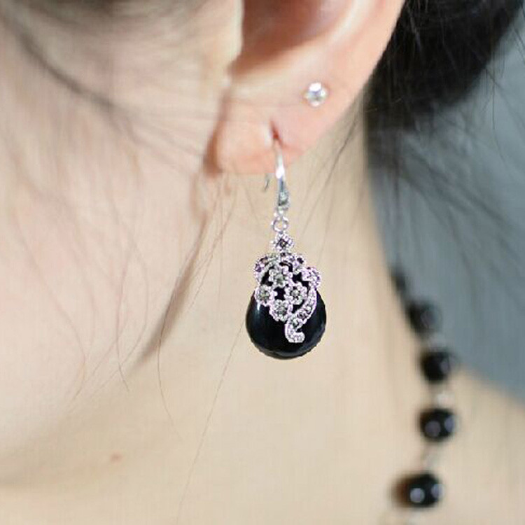 Retro Jewelry Thai 925 Silver with Marcasite Black Onyx Earrings(LR1036BLACK)
