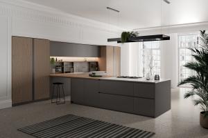 China T Shaped Classic Wood Kitchen Cabinets Tailored Kitchen Set With Dining Bar factory