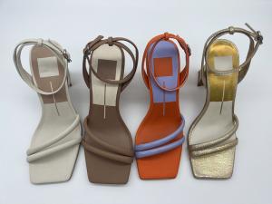 China Brown Purple Ankle Strap Ladies Shoes TPR 3 Inch High Heel Sandals factory