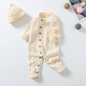 China Custom Baby Winter Bodysuit 100% cotton Cable Knitted New Born Baby Rompers Sweaters Sets With Hats factory