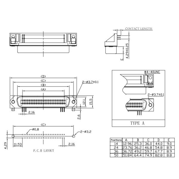 DDK 14 24 36 50Pin Centronic PCB Right Angle Male Connector 2.16mm pitch