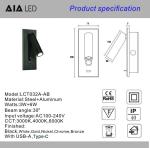 Adjustable recessed flexible LED headboard reading lamp USB aluminum hotel villa