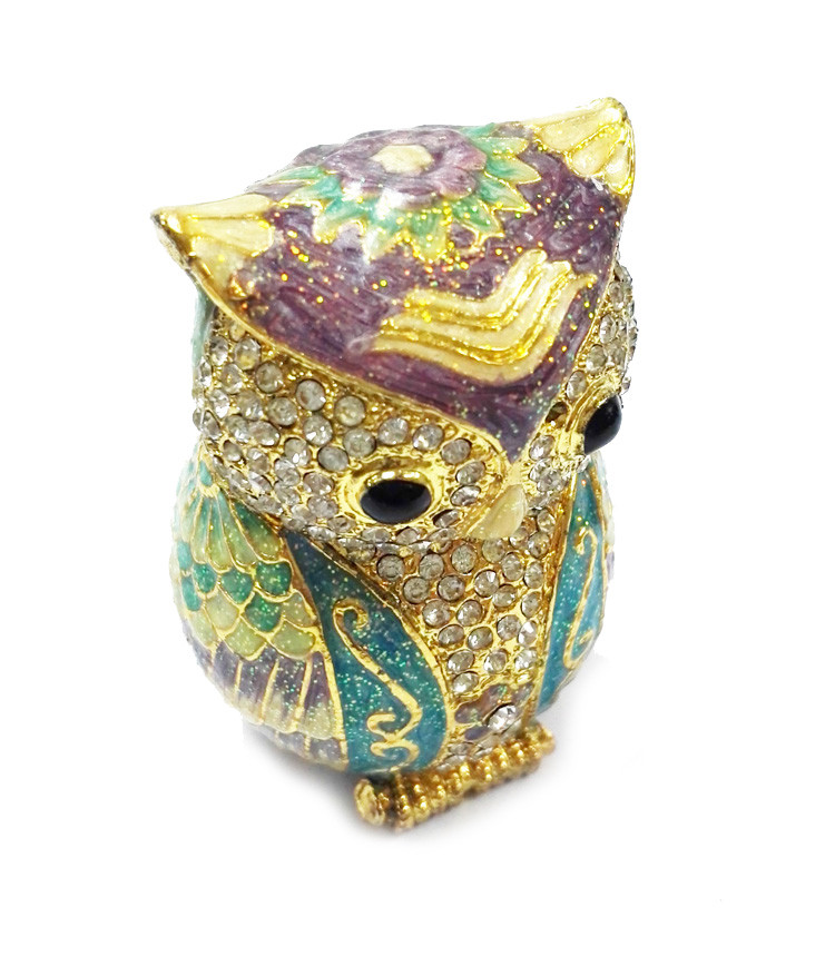 Bird owl metal jewelry box for jewelry wholesales owl jeweled enamel trinket box