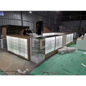 China 20mm MDF Mobile Phone Display Showcase 3pcs Storages Tempered Glass Top factory