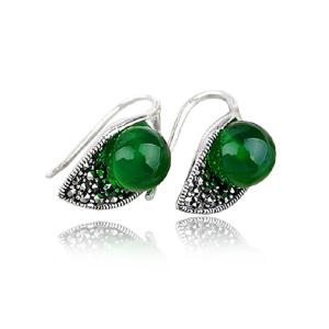 China Thai Vintage Sterling Silver 10mm Round Green Agate Hoop Earrings (E11061GREEN) factory